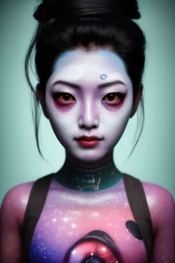 japan head portrait,geisha makeup, meditation, galaxy sky, 8k quality , portrait,beautiful ghost in the shell , post-apocalyptic in a sin city, realistic, intriacte detail, sci-fi fantasy style, volumetric lighting,24mm , particales,highly detailed,cinematic, deep purple , green eyes .