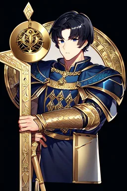 A handsome 30 year old knight, black hair, dark blue eyes, male bob haircut, in black-and-gold plate armor, no beard, european, portrait