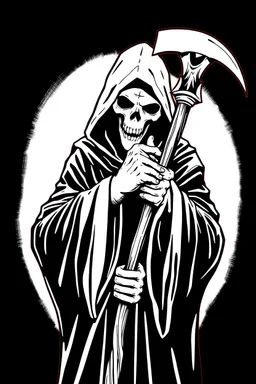 hooded Grim-Reaper gripping a staff with both hands, vignette, black and white graphic novel style with a red outline, and black background,