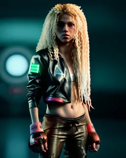 portrait, Shakira, blonde artist, angry, Realistic image, MMA robe, hoodie, mma gloves, loose long hair, eyes, make-up, gold line make-up, moisture, sweat, fog, goddess, Neon colors, leds. Black background, photo studio, concept art, smooth, unreal engine 5, god lights, ray tracing, RTX, lumen lighting, ultra detail, volumetric lighting, 3d, finely drawn, high definition, 4k.