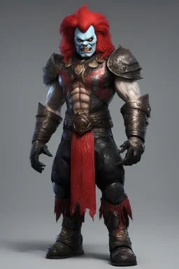 full body, head to toe, 3D, Flash Lambert the third, the anthropomorphic black Chinese Indian werewolf emperor zombie kraken terminator robot Gene Simmons, Bozo the clown, with Long wavy, curly (((red hair))), resembles Elvis Presley - full color - 32k, UHD, 1080p, 8 x 10, glossy professional quality digital photograph - dark foggy gradated background, historic, powerful, octane rendering, exquisite detail, 30 - megapixel, sharp - focus, intricately - ((skin details, high detailed skin textur