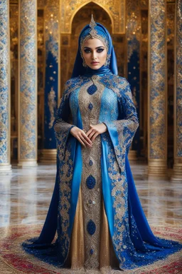 Gorgeous photography full body stand pose Beautiful super model Iranian islamic hijab dressing Luxury colors crystal diamonds sapphire,colorful art conceptual, amazing artwork,close-up portrait,luxury Royal Palace background