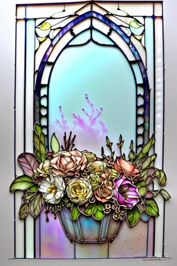 Shabby chic window with flowerpots and bouquets filled with beautiful flowers.full sunlight, stormy clouds, bird, watercolour and ink, stained glass Modifiers: elegant intricate beautiful fantastic view crisp quality colourful Jean-Baptiste Monge pastel colors full view