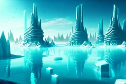 ice blocks, lagoon, seashore, distant futuristic city, epic, sci-fi