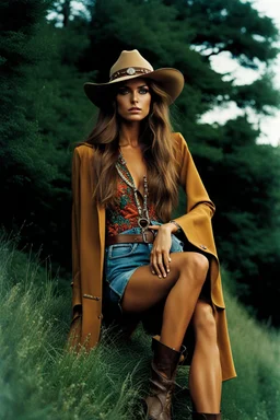 hippie cowgirl, a top less woman, a spanish beauty supermodel with hypnotic eyes, mystic eyes, longer hair, beautiful face, beautiful skin, realistic analog photography with a real normal beauty, no bra, middle parting, beautiful like a supermodel from the sixties, helmut newton, peter lindbergh, beautiful face, beautiful skin, realistic analog photography with a real normal beaut, most beautiful female without clothes, david hamilton, bilitis, tendres cousines, riders on the storm, psycedelic