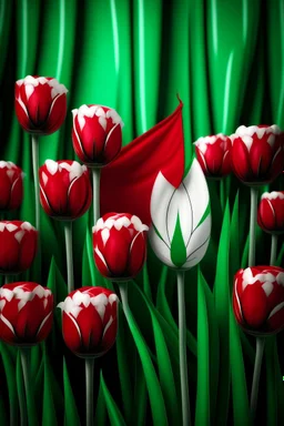 The flag of the Islamic Republic of Iran with red tulips