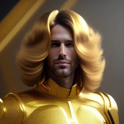 beautiful cosmic golden male, long hair, nice smiling, delicate colors, beautiful glamour galactic golden dress, ultra sharp focus, 8k, unreal engine 5, extremely sharp detail, light effect, soft light atmosphere of a spaceship, smooth, full of details, face in front, complete vision of face and body