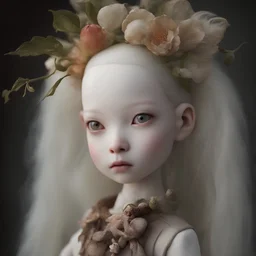 a close up of a doll with a flower in her hair, cgsociety award, portrait of albino mystic, skinned, by Huang Ji, theron, photograph magazine, portrait of saitama, kid, scales skin dog, unusually unique beauty, stephen wayda, fertile, shot with Sony Alpha a9 Il and Sony FE 200-600mm f/5.6-6.3 G OSS lens, natural light, hyper realistic photograph, ultra detailed -ar 3:2 -q 2 -s 750