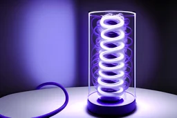 coiled tube with linear beggining and end, liquid droplets dropping from the end of the coil, white liquid enters the coil, a light bulb place above the coil is shining smooth gentle violet rays onto the coil