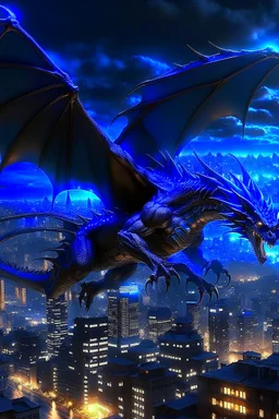 black dragon in flight city in the background at night