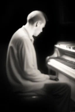 Hombre, pianista, tocando el piano, mirando hacia su derecha, fuertemente iluminado desde, blanco y negro vaporoso, al estilo del fotógrafo Hugo Alonso