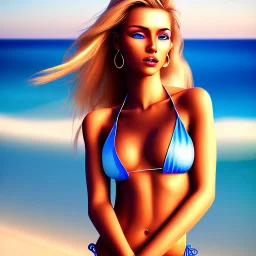 retrato de mujer guapa rubia en playa en bikini con ojos azules