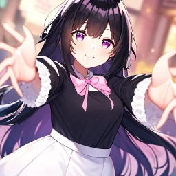 Clear focus,High resolution, Black long fluffy hair, and purple eyes, Teen, Sassy, black shirt, white collar pink bow, white short skirt, cute, smile, hands out, reaching out to you