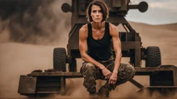 beautiful slender caucasian female technician taking cover, black tank top, well toned muscles, weathered face, scratched sand camo metal details, short brunette wavy bob haircut, dystopian, desert scene with smoke and explosions