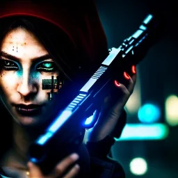 portrait,beautiful female Cyborg, Holding one Gun aiming at viewer, intense stare, sad eyes, post-apocalyptic in a cyberpunk city, realistic, intriacte detail, sci-fi fantasy style, volumetric lighting, particles, highly detailed ,cinamatic , deep colours,8k, by Caravaggio