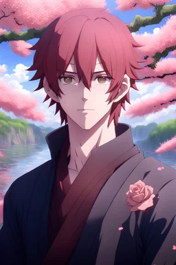 [Waterscape] In anime, a maroon-haired, single male character and a rose flower are in Sakura. [8K resolution, high quality, ultra graphic, and detailed with lines.]