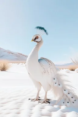 A white peacock with white feathers and white head standing in a background all white desert