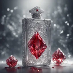 Silver rectangular perfume bottle with red crystal cap and small silver decorations. Illustrative art, art interpretation, concept art, cgsociety contest winner, seasonal art, seasonal art HD, 4k, 8k, intricate, detailed, intricately detailed, luminous, translucent fantasy crystal, holographic data, soft body, shadow play, light, fog, atmospheric, cinematic, light film, hyper-detailed, hyper-realistic, masterpiece, atmospheric, high resolution, 8k, HDR, 500px, mysterious and artistic digital art