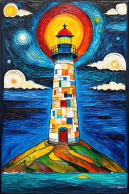 spiritual lighthouse; a painting with an admixture of Paul Klee and Hundertwasser
