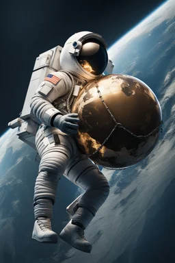 close side view of An astronaut sitting on a large steel ball.floating in the air, wide legs, holding on to the chain