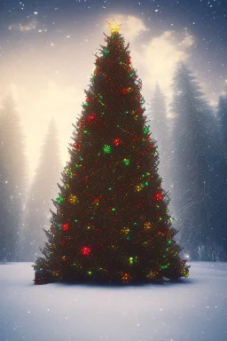 Huge lonely Christmas tree full of lights in a dark snowy forest