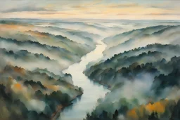 Aerial view painting of an expansive mist laden river forest landscape, pierced by shafts of soft sunlight at dawn , in the Expressionist style of Egon Schiele, Oskar Kokoschka, and Franz Marc, in muted natural colors,