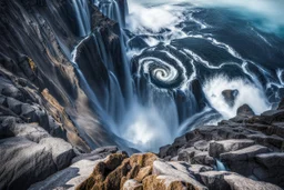 at the base of the rocky mountain peninsula, a great whirlpool waterfalls into deeper unknown depths
