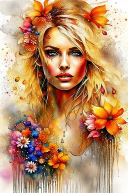 Gorgeous wet look watercolour, a beautiful sensual blond blonde woman, beautiful late summer flowers, colourful, enchanting, wet on wet, silver and gold drops, sparkling lights, winning, intricate, beautiful, gorgeous by Yossi Kotler,