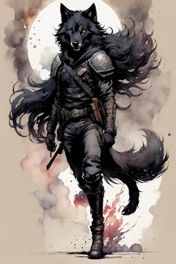 ink wash and watercolor full body concept illustration of an anthropomorphic, adventurous Black Wolf, mercenary soldier girl character with wildly flowing hair, ornately dressed with highly detailed feathers and facial features in the comic book style of Bill Sienkiewicz and Jean Giraud Moebius, with a fine art aesthetic, highly detailed , boldly inked, 4k UHD cinegraphic quality