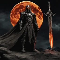 Sauron, the mighty lord of darkness, standing on a rock in the dark land of Mordor, a super-hero man of infinite power and technology of the galactic race, with a great army, a large moon disk behind him, and a fiery sword in his hand