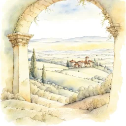 Tuscany landscape, by Jean-Baptiste Monge, watercolor and ink, intricate details, fantasy, beautiful, award winning, colorful, fantastic view, crisp quality, in sunshine