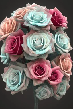 53. a very magnificent bouquet of unusual, complex, amazingly beautiful magical red and white roses, dew drops, mist, magically, in pastel, transparent tones, hyper realistic, beautiful lumen, glitter professional photo, 3d, realistic, 64k, high resolution, high detail, cgi, hyperrealism, f/16, 1/300s. highly detailed digital painting, bright and juicy photorealistic painting, landscape, solar illumination in the background, 4k