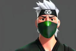 Kakashi Hatake, Shinobi, white tall hair, black face mask, black leaf ninja headband, Left eye red, Green military-style Ninja vest,