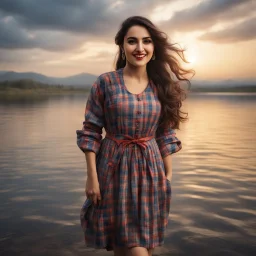 Hyper Realistic Young-Happy-Pashto Woman wearing checkered-patterned dress on riverside at cloudy sunset with dramatic ambiance