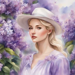 Spring painting lilac bush flowers woman, blonde hair with a quiff below the shoulders, wearing a hat, the woman is in the center of the picture, occupying only a third of the image, watercolor, lilac bush flowers in the background, splashes, art, watercolor, pastel, ink, soft, full frame, hdr 4k, 8k,DetailedEyes_XL