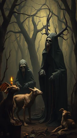 some mysterious figures, odd background, cinematic, Hieronymus Bosch, Max Ernst, vegetal life, rotten, ambient light, cry, ritual, surreal, animals