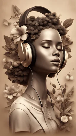 3D illustration of American roots woman with headphones on and a sepia background with flowers, illustration, smooth 3d digital art, exquisite thee-dimensional rendering, 4K, blender, c4d, octane render , disney style 3d light, Zbrush sculpt, concept art, Zbrush high detail, pinterest Creature Zbrush HD sculpt, neutral lighting, 8k detail