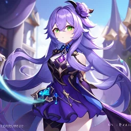 Clear focus,High resolution,Beatiful Lighting, purple long fluffy hair, long fluffy bangs, green eyes, custom genshin oc, must be wearing a short skirt, genshin impact name card, color pallete purple (XII)-cyber grape-rose vale