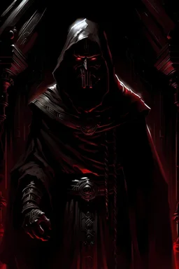 In a dimly lit chamber, shrouded in darkness, a formidable Sith Lord emerges. The Sith, a tall and imposing human figure, wears dark robes adorned with ancient Sith symbols that seem to glow with an otherworldly energy. The fabric of the robes cascades in rich folds, hinting at the Sith's powerful presence. The Sith's face is concealed beneath a hood, casting a mysterious shadow over their features. The only visible elements are a pair of piercing yellow eyes that gleam with the intensity of th