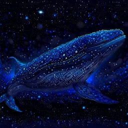 Create an image of a colossal, surreal whale dominating the foreground, blending into a starry night. The whale itself is a deep, cosmic blue with celestial bodies and stardust spiraling within it, suggesting a galaxy. It features intricate patterns and textures that reminisce the surface of a planet. The galaxy is alive with motion, reflecting the light of a super star (blue) that glimmers. The transition is seamless, symbolizing a cosmic fusion of whale and space, hinting at the vast and myste