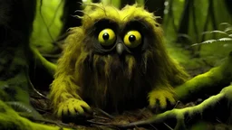A fearsome shaggy creature with yellow eyes stared at me from deep in the forest