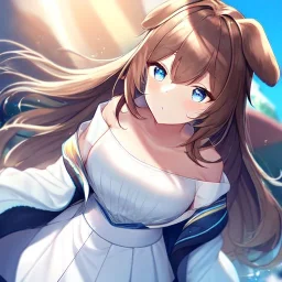 Clear focus, High resolution, Long fluffy brown hair, blue eyes, wearing a white skirt, detailed outfit, wearing a jacket oversized off shoulder, rough line, hair above ears, dog ears, off shoulder white shirt