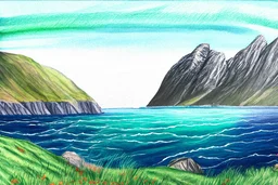 Colored pencil drawing of Norway, mountains, ocean, nature.