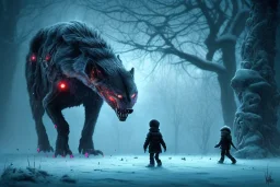 Starvation black monster wolves with red eyes, fight in the ice age Scenery, : concept art::1 cyberpunk::1 splatter paint::1 wide angle lens::2 Zdzislaw Beksinski style, and a little prince boy walks to the Shining Ethereum shape sun, in winter storm, ultra detailed| 4k --v 4