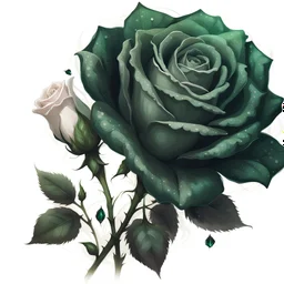 dark style, dark green rose with white lace and emeralds, Trending on Artstation, {creative commons}, fanart, AIart, {Woolitize}, by Charlie Bowater, Illustration, Color Grading, Filmic, Nikon D750, Brenizer Method, Side-View, Perspective, Depth of Field, Field of View, F/2.8, Lens Flare, Tonal Colors, 8K, Full-HD, ProPhoto
