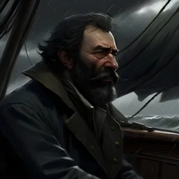 The large angry black haired bearded skipper on a battleship "Boatsman" looking out at a stormy sea realistic grimdark