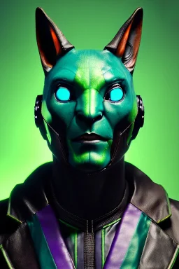 Medium Close Up Portrait, Front image. cyberpunk, rabbit mask helmet, strong man, green hair. latex suit. Purple, green, color. Joker style. Color background, photo studio. Avatar image, highly detailed, concept art, smooth, unreal engine 5, ray tracing, RTX, lumen lighting, ultra detail, volumetric lighting, 3d, finely drawn, high definition, high resolution.