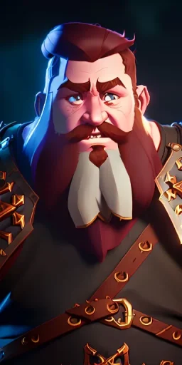 A high definition, high detail full body dungeons and dragons character design of a dwarf male warrior who has a short, stout, and strong build, with a long ginger braided beard, long hair styled into a man bun, and wearing heavy metal plated armor with pauldrons