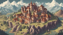 Бумажная карта в средневековом стиле с нарисованными горами равнинами и замками и городами вид сверху 2d pixelart