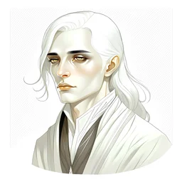 Minimalistic illustration. Fantasy setting. Twenty five year old man with grey shoulder-lenght hair dressed in medieval white and silver clothes. Grey eyes